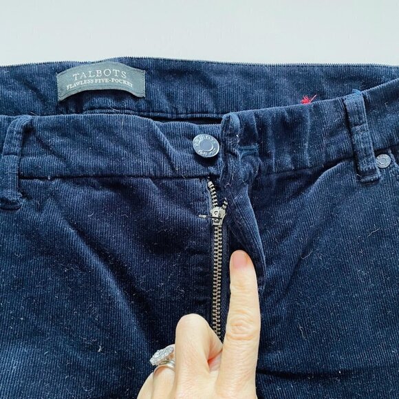Talbots Pant Trouser Navy Blue Corduroy Ankle Frayed Hem Slim 5 Pocket Flawless - Picture 3 of 9